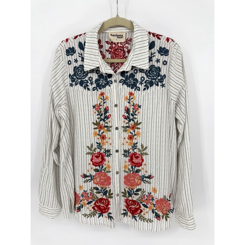 Savanna Jane Floral‎ Embroidered Button Front Shirt Collared Size L Country Chic